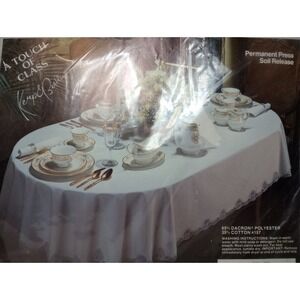 KEMP & BEATLEY WHITE TABLECLOTH & 6 NAPKINS 52"X70" Solid W/LACE TRIM CLASSY